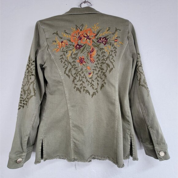 Chico's Womens Embroidered Sage-Denim Jacket Size 0, US 4/6 Button-Up Frayed Hem - Picture 2 of 7